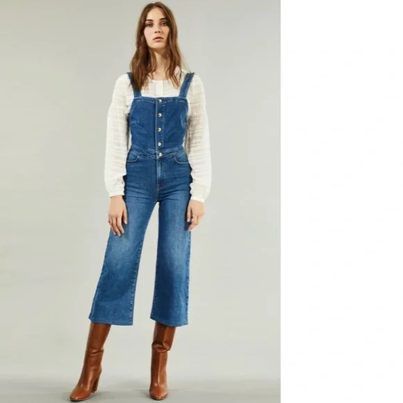🎉FRAME Claire Denim Cropped Jumpsuit Wide Leg Small - Picture 16 of 16